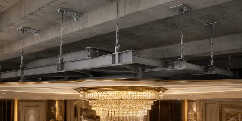 Structural steel support and suspension points for a large custom hotel chandelier Structural steel support and suspension points for a large custom hotel chandelier