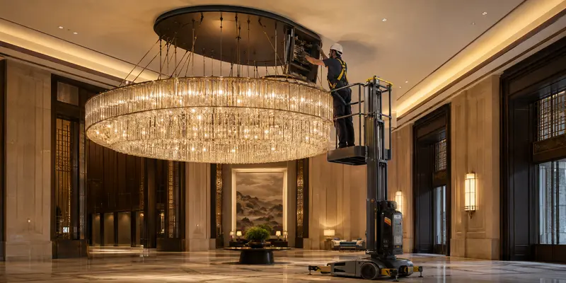 Technician using safe access equipment to maintain a hotel lobby chandelier Technician using safe access equipment to maintain a hotel lobby chandelier