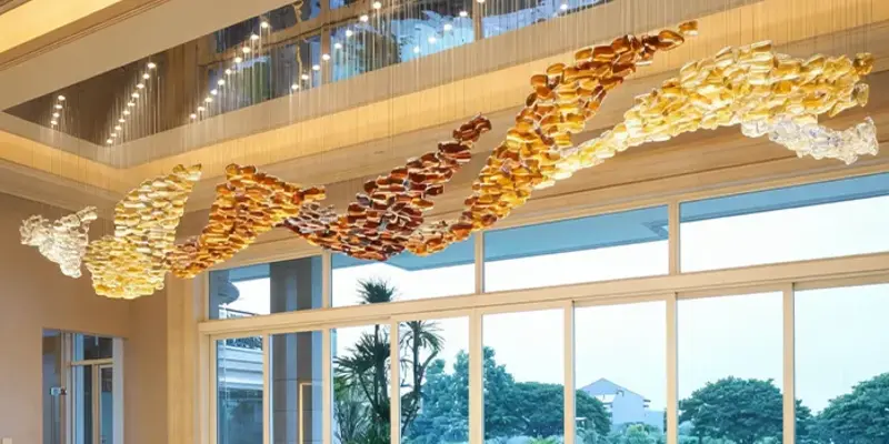 Large custom hotel chandelier engineered for a double-height luxury lobby Large custom hotel chandelier engineered for a double-height luxury lobby
