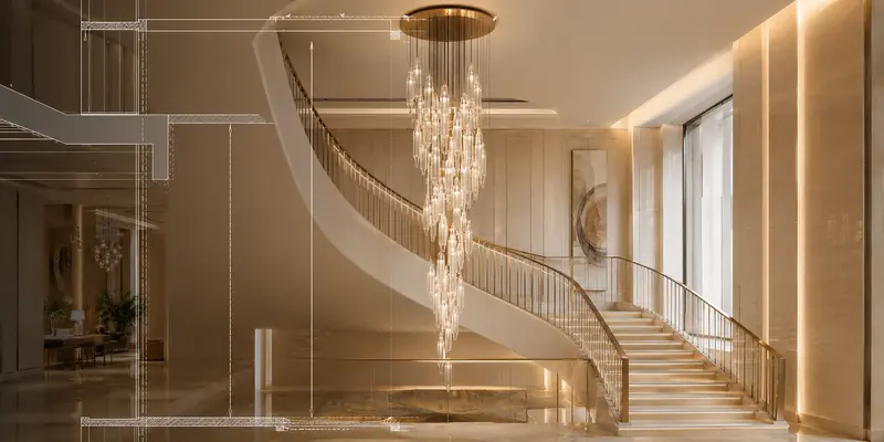 Large hotel chandelier sizing study for a high-ceiling staircase