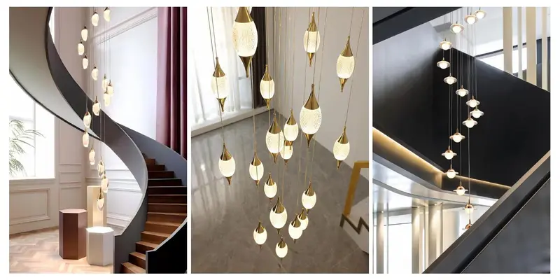Hotel chandelier designs viewed from different staircase levels
