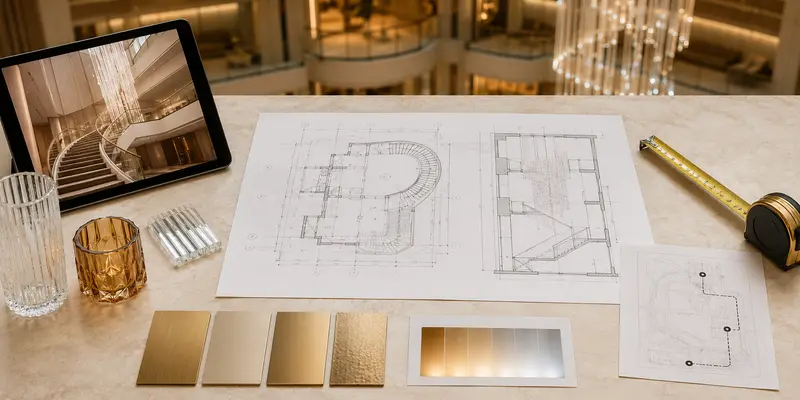 Plans and material samples for a custom hotel lighting project