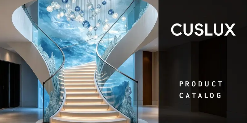 Custom chandelier design integrated into a curved hotel staircase