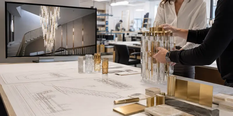 Custom chandelier manufacturer reviewing drawings and glass samples
