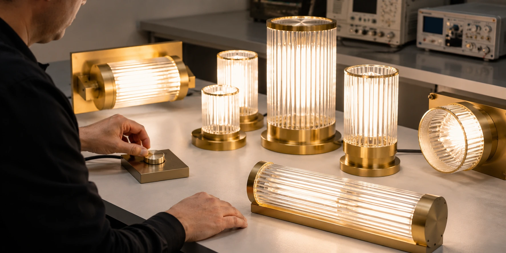 Testing custom lighting color temperature and light quality with illuminated brass and glass fixtures Testing custom lighting color temperature and light quality with illuminated brass and glass fixtures