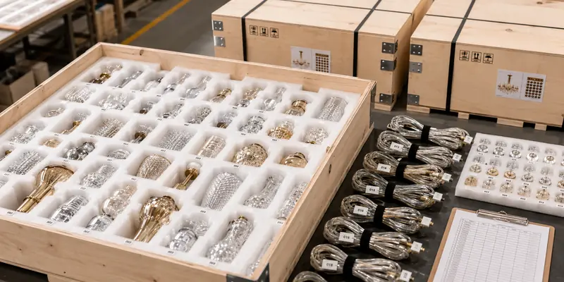 Numbered glass chandelier pieces protected in modular export packaging Numbered glass chandelier pieces protected in modular export packaging