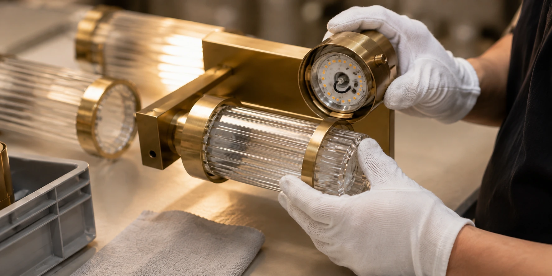 Evaluating custom light fixture workmanship and serviceability during brass and glass assembly inspection Evaluating custom light fixture workmanship and serviceability during brass and glass assembly inspection