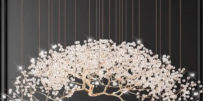 Closely spaced crystal pieces creating density and sparkle in a chandelier Closely spaced crystal pieces creating density and sparkle in a chandelier