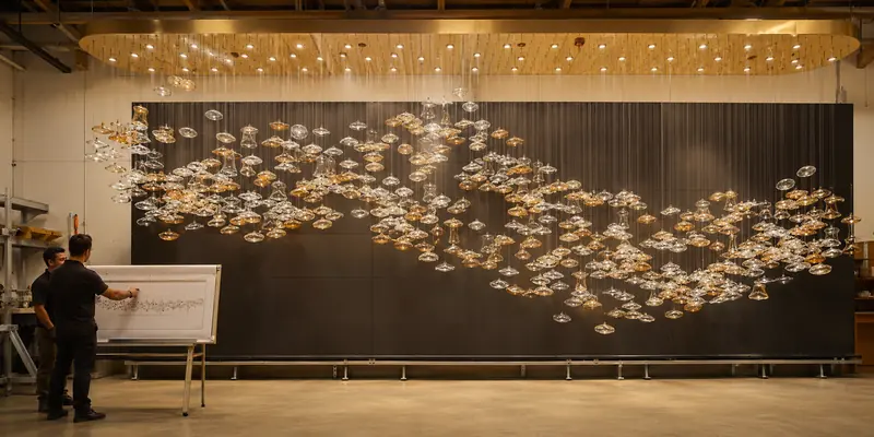 Custom lighting manufacturer checking a full chandelier pre-layout against shop drawings Custom lighting manufacturer checking a full chandelier pre-layout against shop drawings