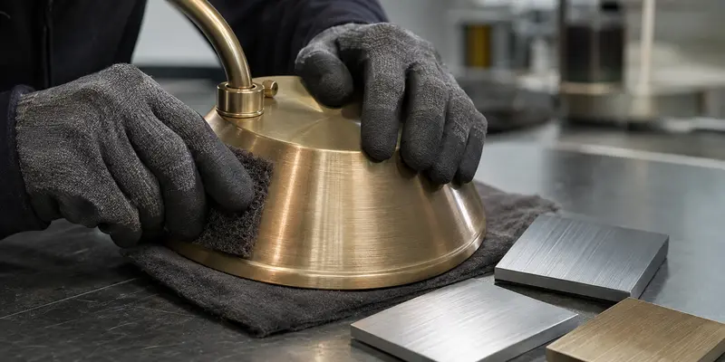 Surface preparation of a brushed brass hotel lighting fixture canopy Surface preparation of a brushed brass hotel lighting fixture canopy