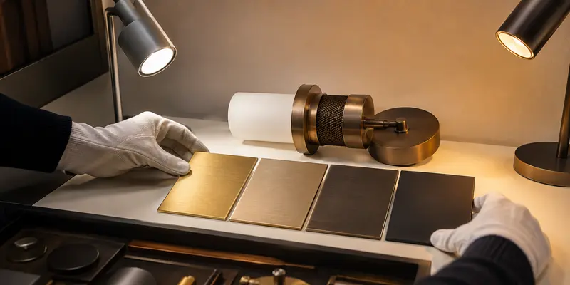 Designer comparing hotel lighting finish samples under neutral and warm light Designer comparing hotel lighting finish samples under neutral and warm light