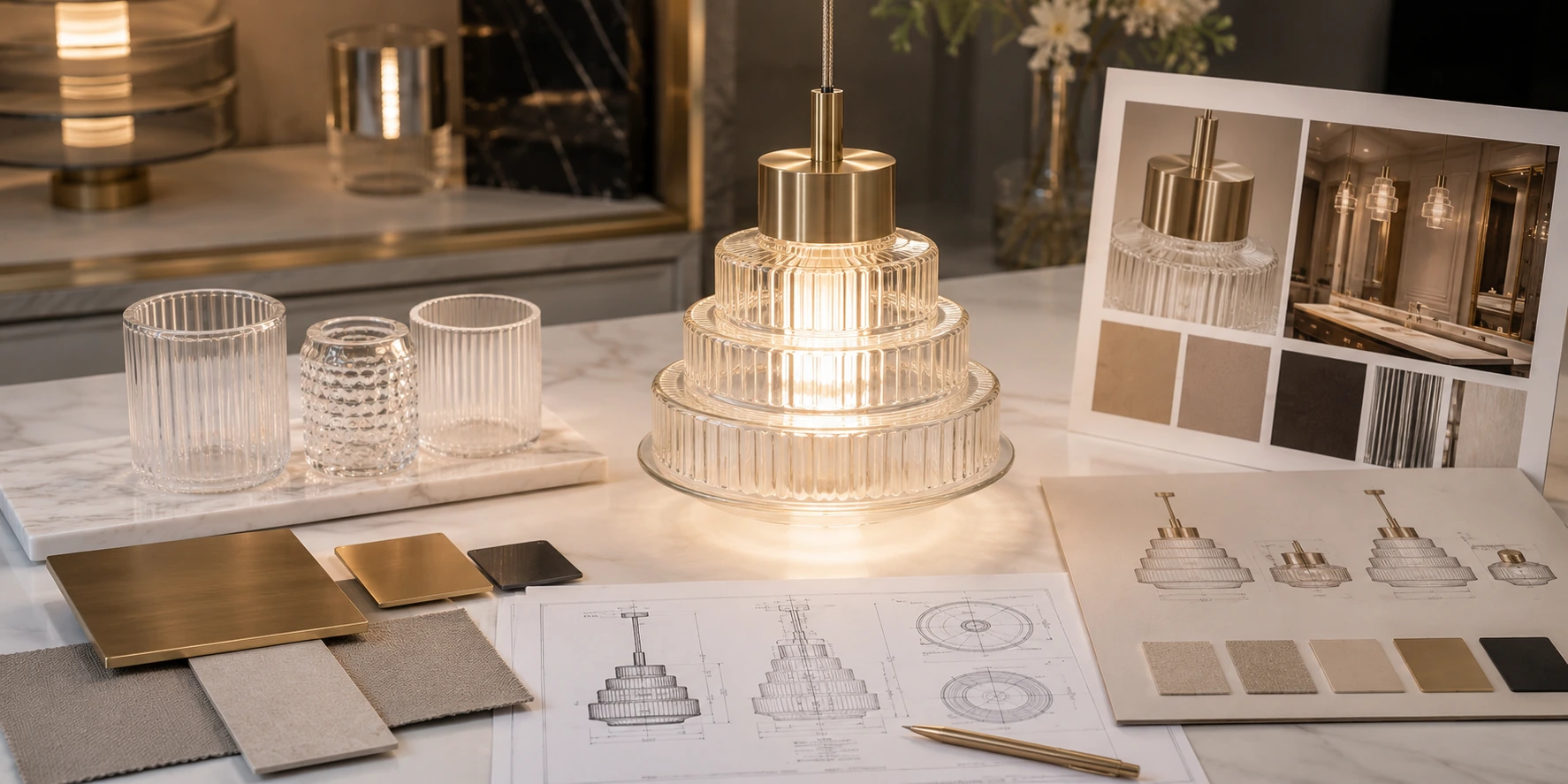 Approved custom hotel lighting sample presented as a master standard with drawing, material board and reference display Approved custom hotel lighting sample presented as a master standard with drawing, material board and reference display
