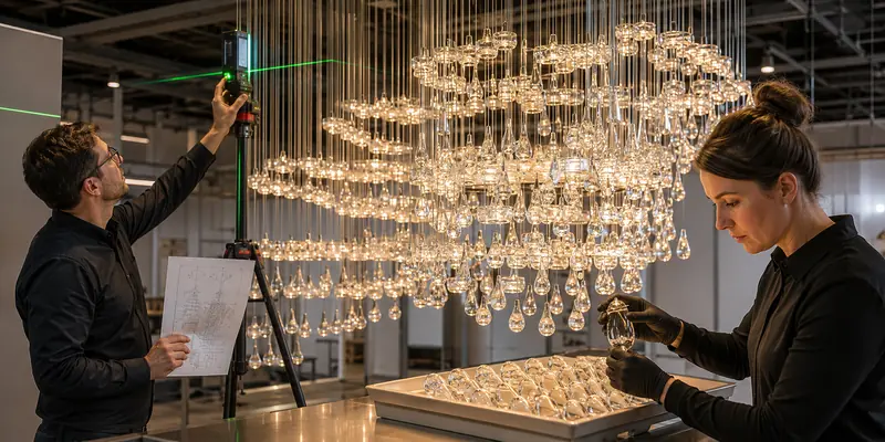 Quality inspectors checking glass spacing and cable lengths on custom hotel lighting Quality inspectors checking glass spacing and cable lengths on custom hotel lighting