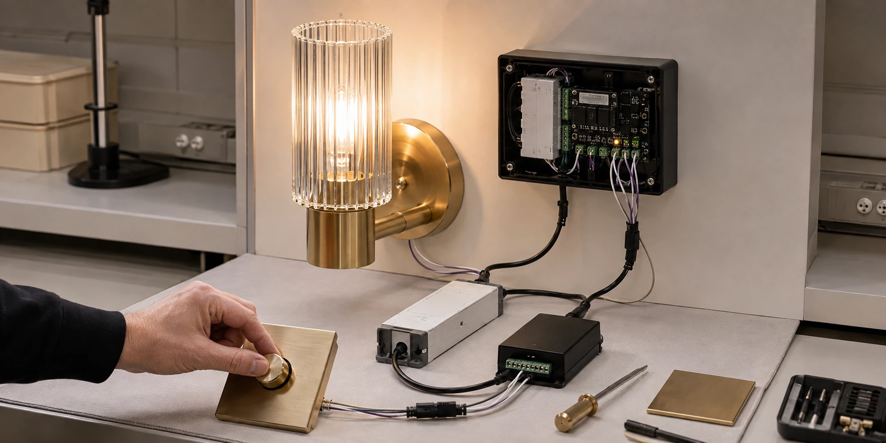 Verifying hospitality lighting controls, dimming system and electrical details on a test bench Verifying hospitality lighting controls, dimming system and electrical details on a test bench