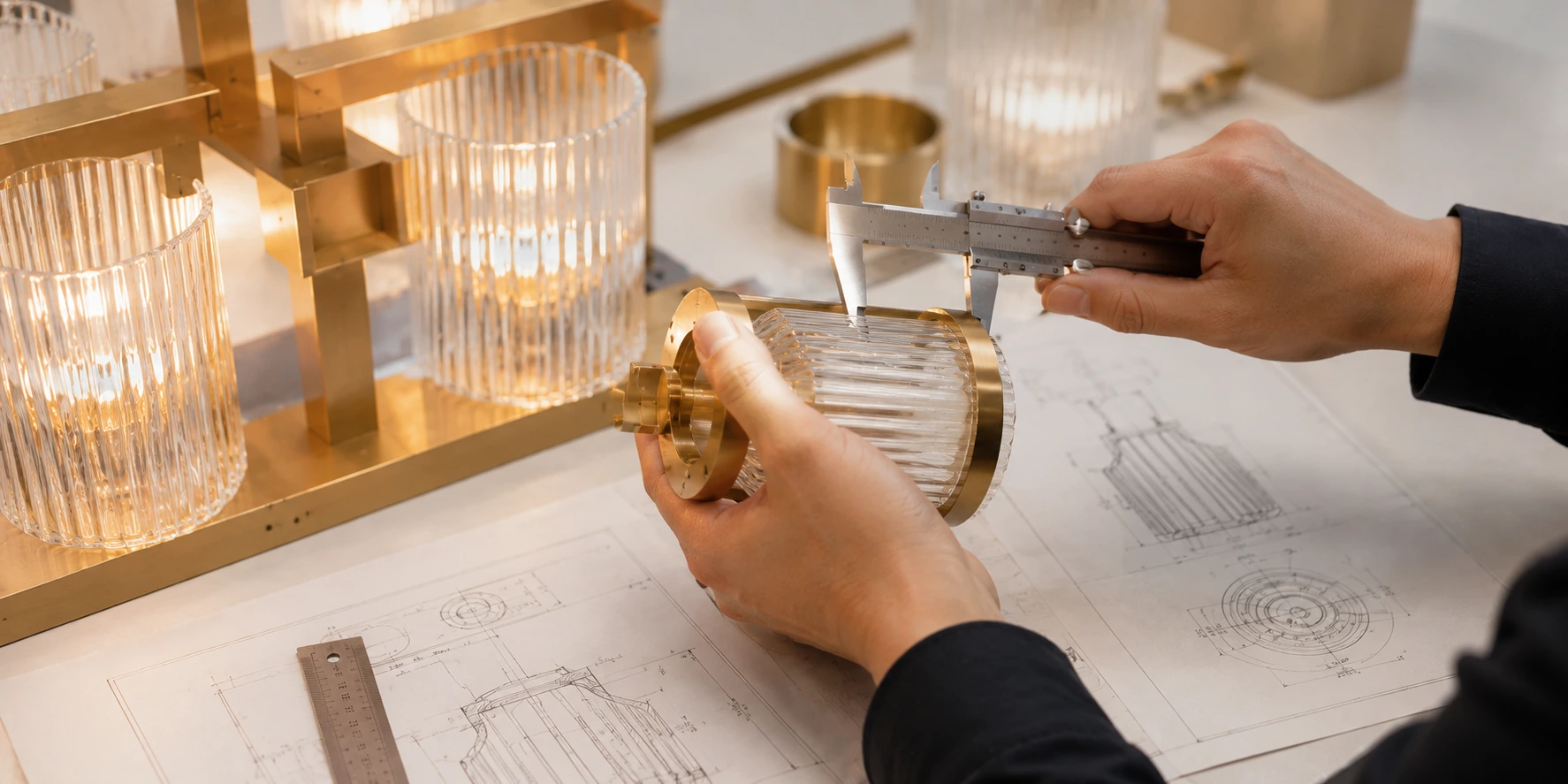 Designer checking custom hotel lighting dimensions and proportion with caliper and technical drawing Designer checking custom hotel lighting dimensions and proportion with caliper and technical drawing