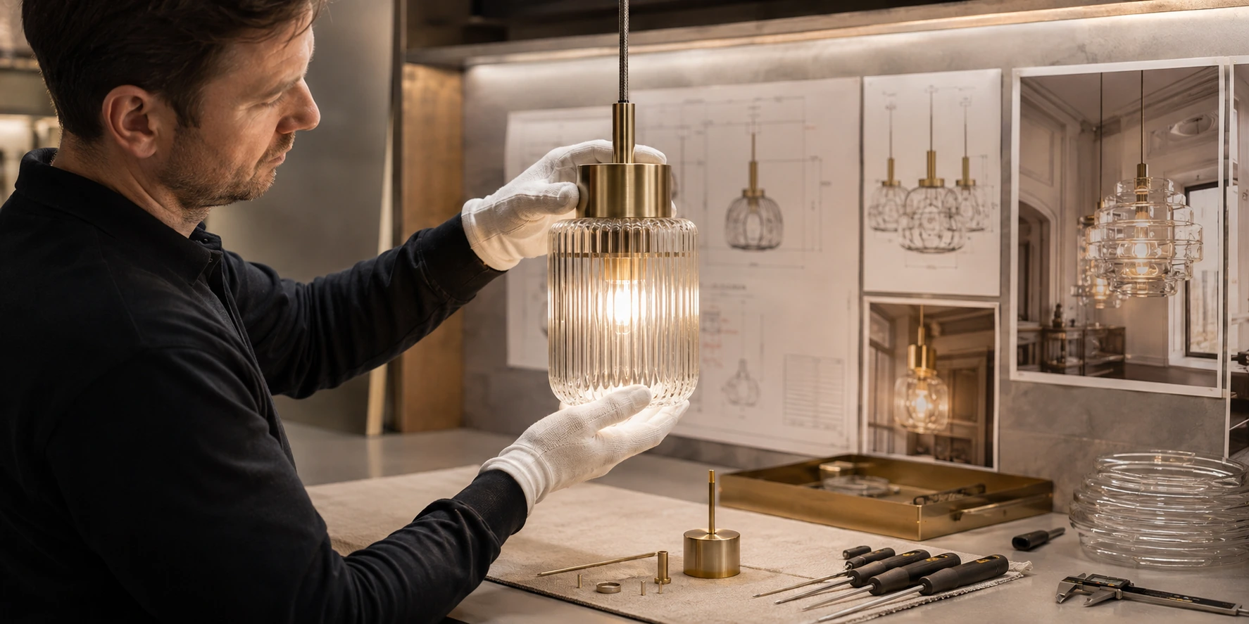Confirming custom chandelier installation details and maintenance access in the workshop Confirming custom chandelier installation details and maintenance access in the workshop