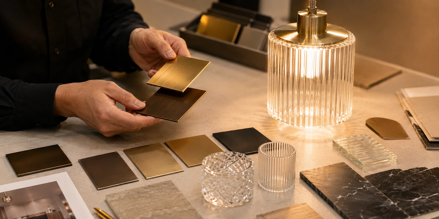 Reviewing custom lighting finish samples and material swatches under warm project lighting conditions Reviewing custom lighting finish samples and material swatches under warm project lighting conditions