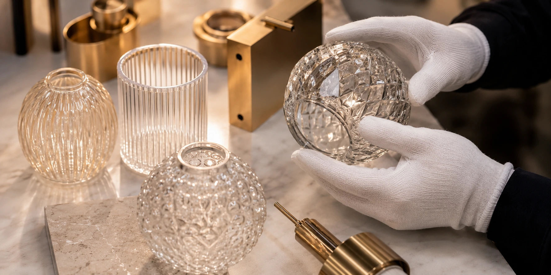 Inspecting glass chandelier and crystal chandelier materials for clarity, texture and finish quality Inspecting glass chandelier and crystal chandelier materials for clarity, texture and finish quality