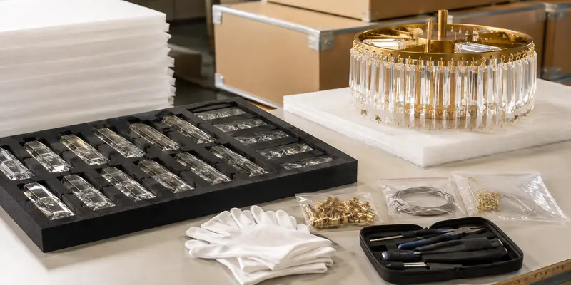 Chandelier spare glass parts, connectors and installation tools prepared for delivery Chandelier spare glass parts, connectors and installation tools prepared for delivery