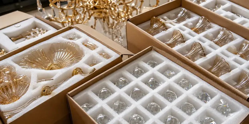 Crystal and glass chandelier components packed separately in fitted foam Crystal and glass chandelier components packed separately in fitted foam