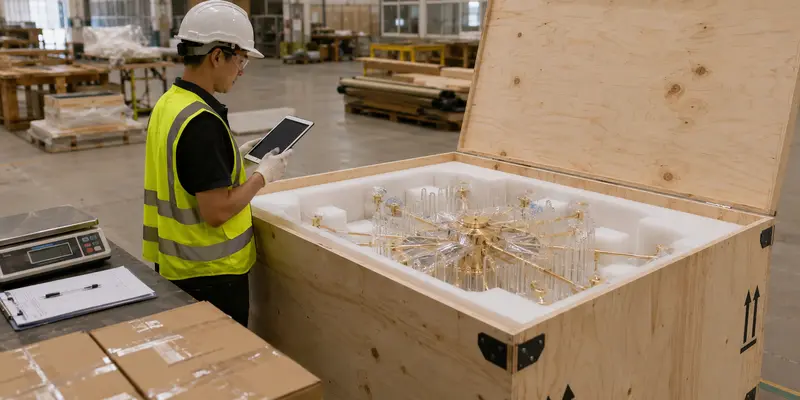 Quality inspector checking custom chandelier packaging before dispatch Quality inspector checking custom chandelier packaging before dispatch