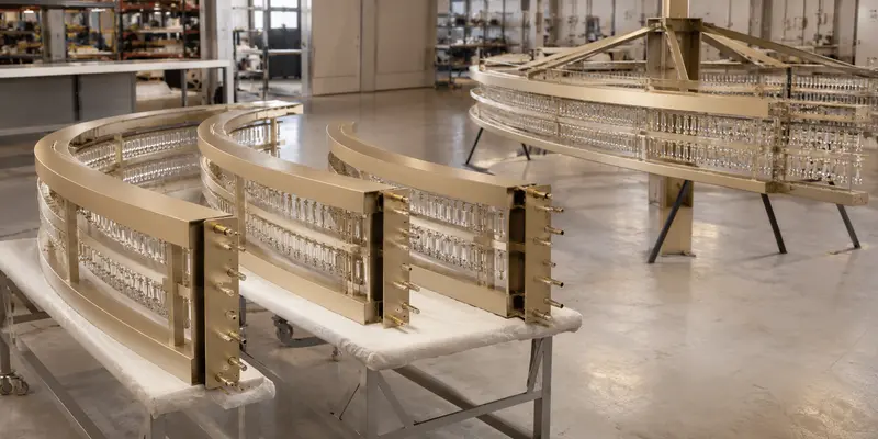 Large custom chandelier divided into transportable curved metal modules Large custom chandelier divided into transportable curved metal modules