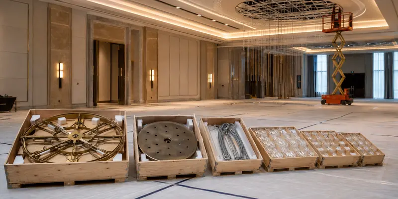 Custom hotel lighting crates arranged in chandelier installation sequence Custom hotel lighting crates arranged in chandelier installation sequence