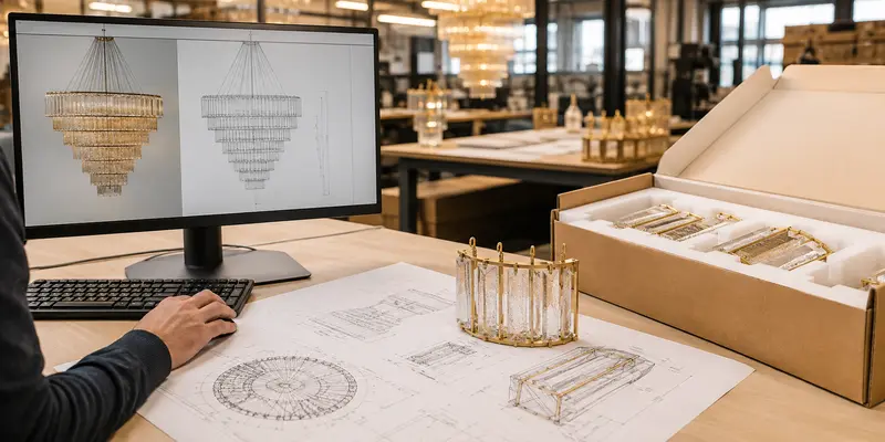 Custom chandelier packaging planned with engineering drawings and a sample module Custom chandelier packaging planned with engineering drawings and a sample module