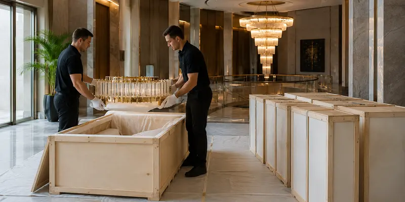 Installers safely unpacking custom hotel lighting at the project site Installers safely unpacking custom hotel lighting at the project site