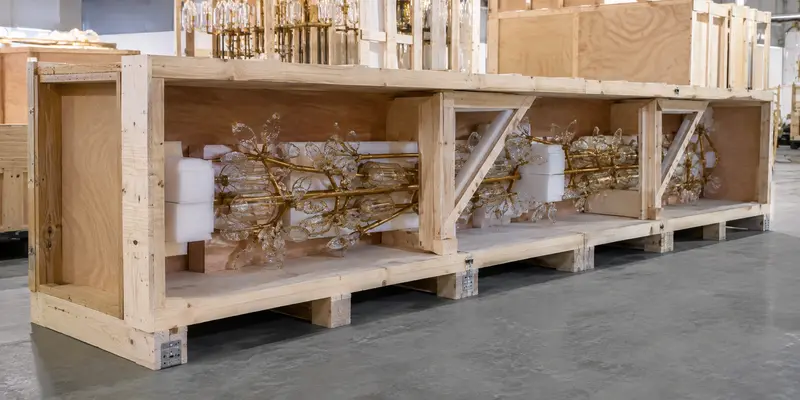 Large chandelier secured inside a reinforced export wooden crate Large chandelier secured inside a reinforced export wooden crate