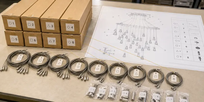 Chandelier packaging numbers matched with suspension cables and installation drawings Chandelier packaging numbers matched with suspension cables and installation drawings
