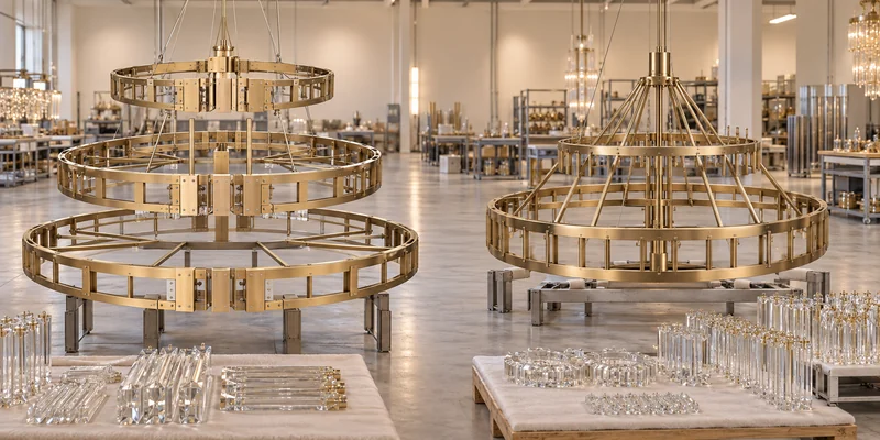 Modular and one-piece hotel chandelier frames compared in a lighting factory Modular and one-piece hotel chandelier frames compared in a lighting factory