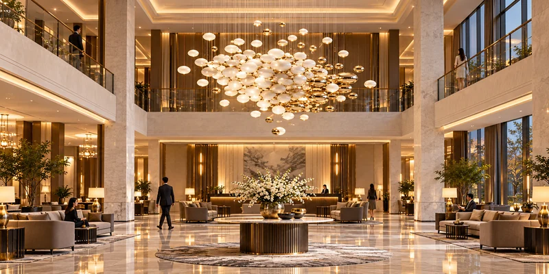 Custom chandelier scaled for balanced proportion in a double-height hotel lobby Custom chandelier scaled for balanced proportion in a double-height hotel lobby