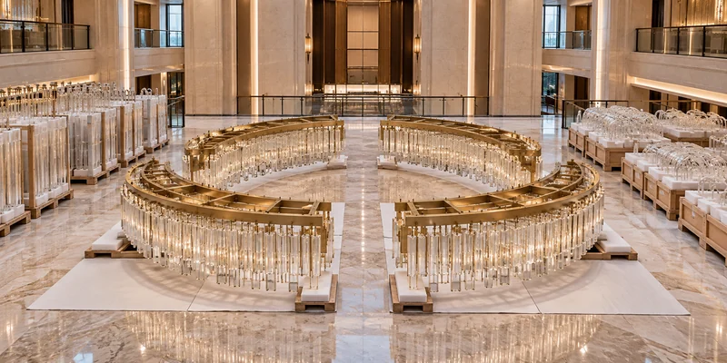 Large hotel chandelier divided into curved modules for staged site installation Large hotel chandelier divided into curved modules for staged site installation