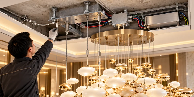 Structural supports, safety cables and wiring reviewed for a hotel chandelier Structural supports, safety cables and wiring reviewed for a hotel chandelier
