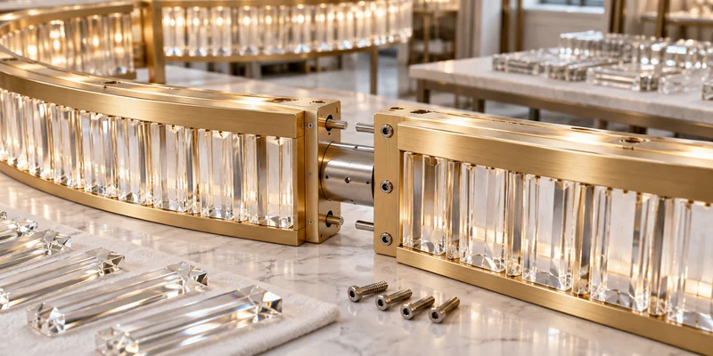 Concealed locating pins and sleeve aligning two chandelier frame modules Concealed locating pins and sleeve aligning two chandelier frame modules