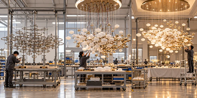 Custom chandelier shown at frame, wiring and final trial-assembly production stages Custom chandelier shown at frame, wiring and final trial-assembly production stages