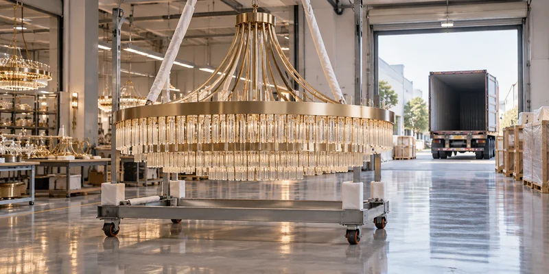 One-piece hotel chandelier frame prepared for intact factory handling and transport One-piece hotel chandelier frame prepared for intact factory handling and transport