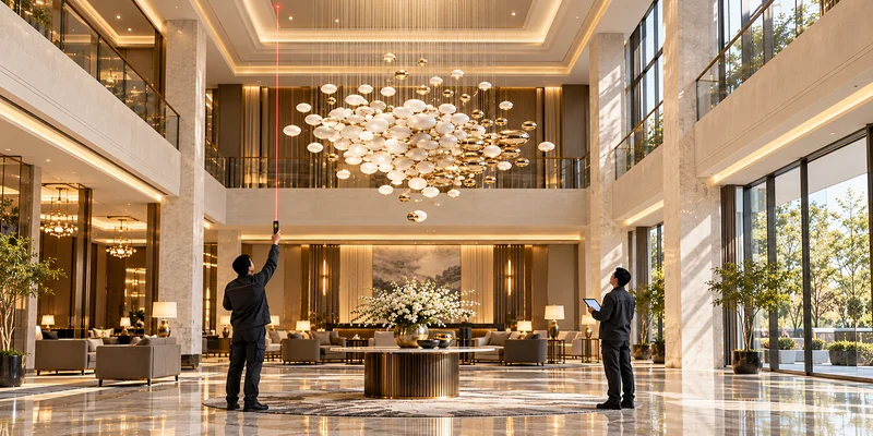 Engineers verify hotel lighting site measurements with a laser distance meter Engineers verify hotel lighting site measurements with a laser distance meter