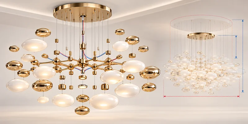Exploded chandelier view showing the canopy, cables, frame, wiring and glass affected by a size change Exploded chandelier view showing the canopy, cables, frame, wiring and glass affected by a size change