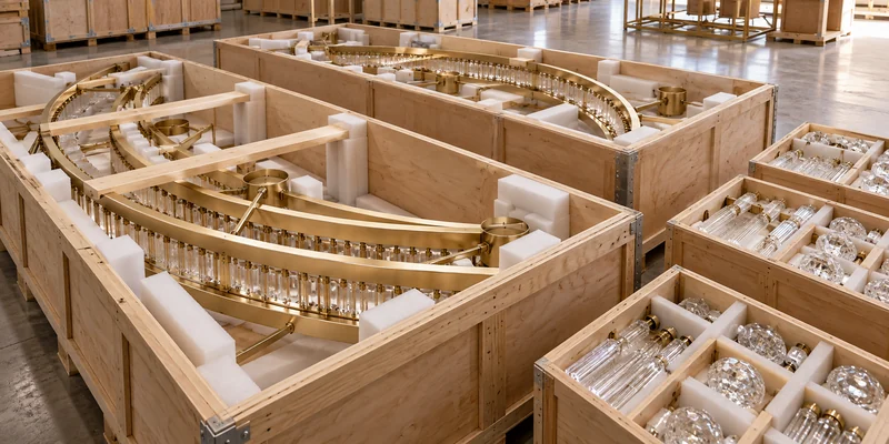 Curved chandelier modules and glass components secured in fitted timber shipping crates Curved chandelier modules and glass components secured in fitted timber shipping crates