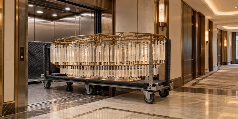 Large chandelier frame transported through a hotel freight elevator and corridor Large chandelier frame transported through a hotel freight elevator and corridor