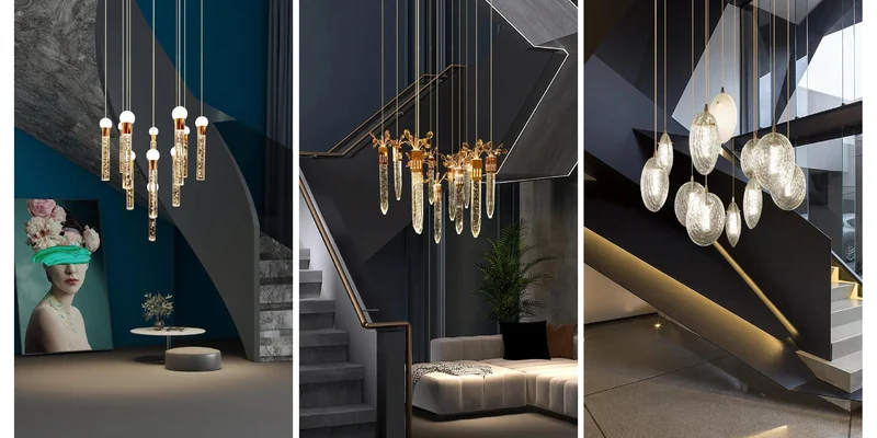Cuslux staircase chandelier examples with repeated suspended elements for controlled installation Cuslux staircase chandelier examples with repeated suspended elements for controlled installation