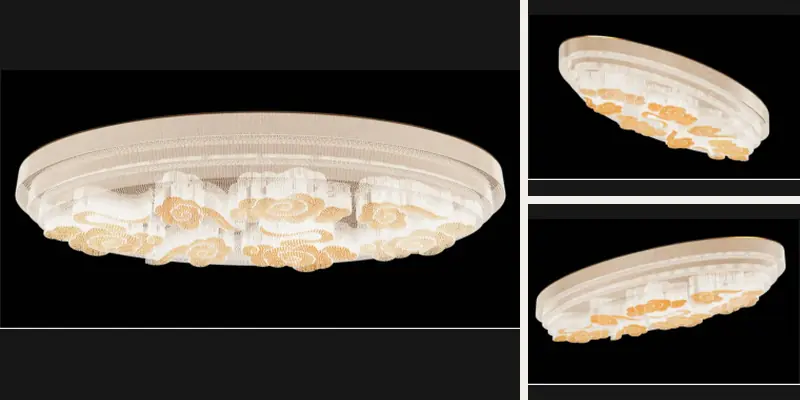 Multi-angle 3D rendering of a custom floral chandelier for a hotel lobby Multi-angle 3D rendering of a custom floral chandelier for a hotel lobby