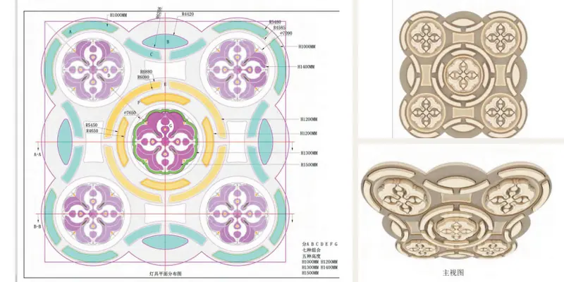 CAD plan and 3D views for custom lighting solutions with labeled fixture zones CAD plan and 3D views for custom lighting solutions with labeled fixture zones
