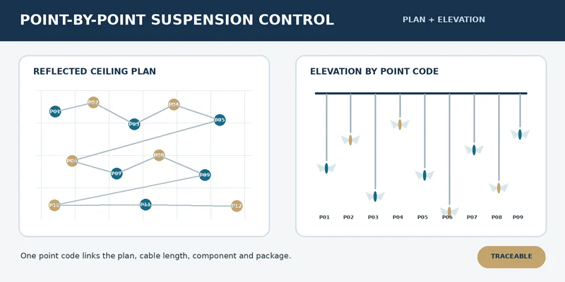 Numbered suspension map and elevation for a hotel stairwell chandelier installation Numbered suspension map and elevation for a hotel stairwell chandelier installation