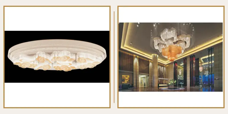 Artistic chandelier comparison between the approved rendering and completed hotel lobby Artistic chandelier comparison between the approved rendering and completed hotel lobby