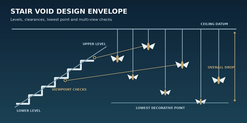 Long drop staircase chandelier design envelope showing stair levels clearances and lowest point Long drop staircase chandelier design envelope showing stair levels clearances and lowest point