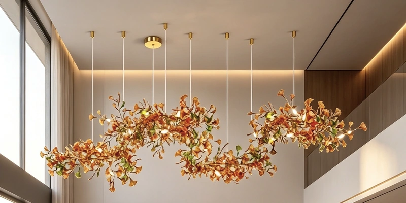 Suspended amber leaf chandelier across a double-height interior Suspended amber leaf chandelier across a double-height interior