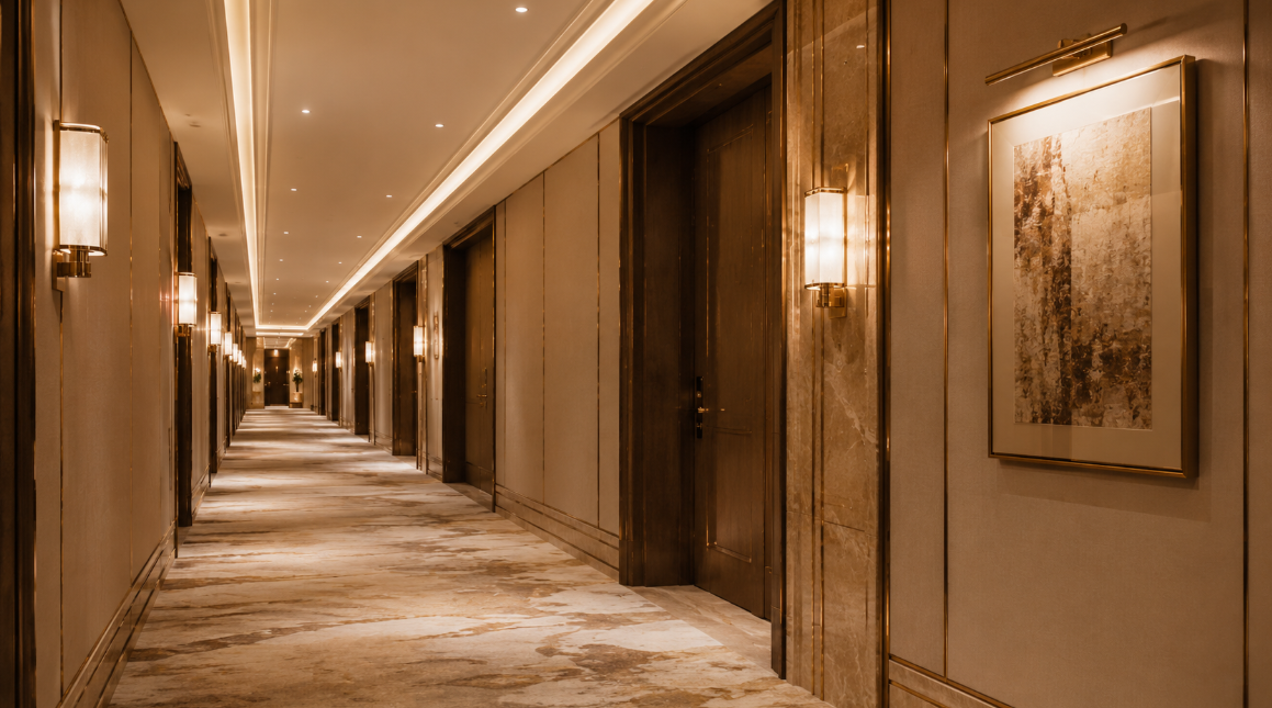 Hotel corridor lighting design with wall sconces and linear lights.png